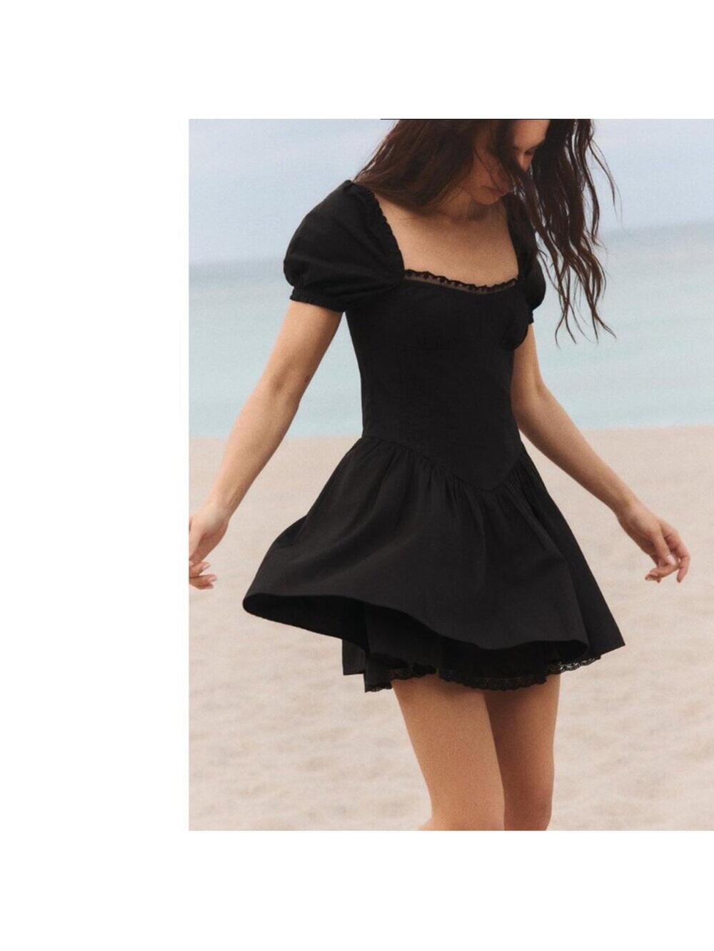 🔥NWT Zara🔥 Black Puff-Sleeve Lace-Trim Mini Dress